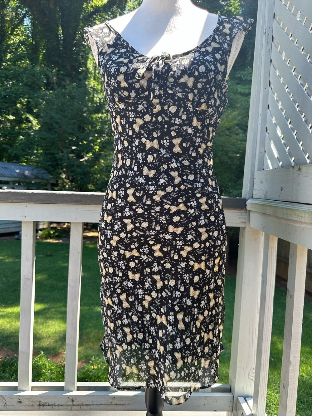 Vintage 90’s Y2K aqua blues floral butterfly print milkmaid midi dress